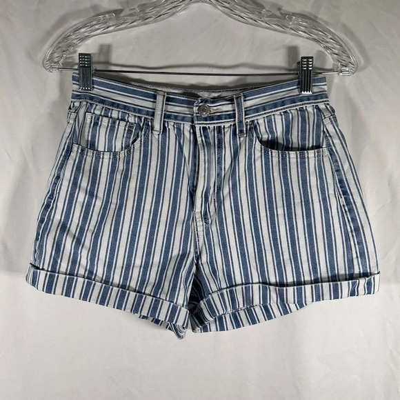 American Eagle Shorts Women's 2 Blue White Striped Mom Shorts Mid Rise - Picture 1 of 10